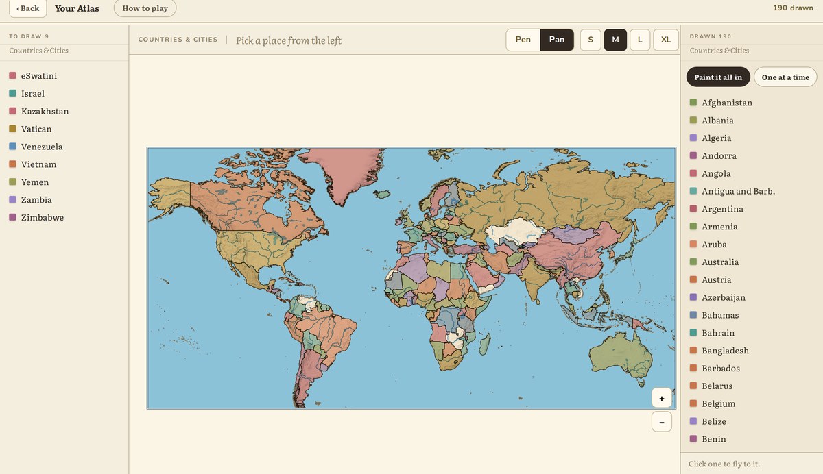 Your Atlas: a world map with the countries drawn in so far