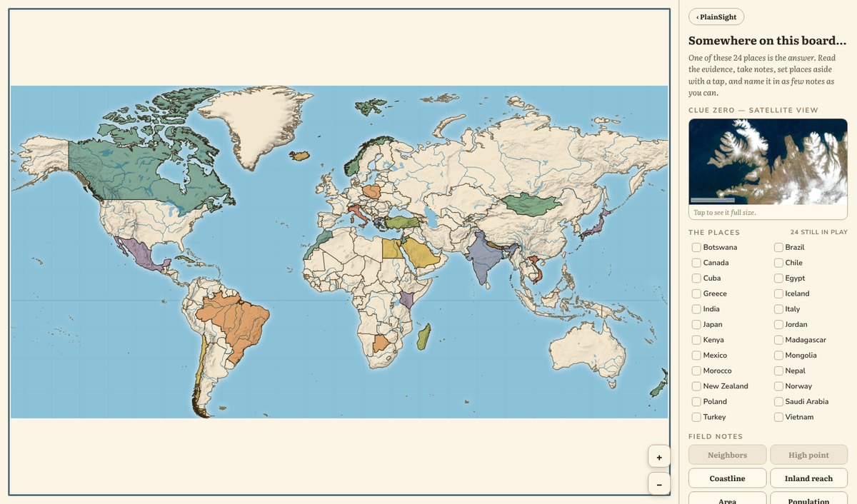 PlainSight: a world map of possible countries, a satellite view and field notes